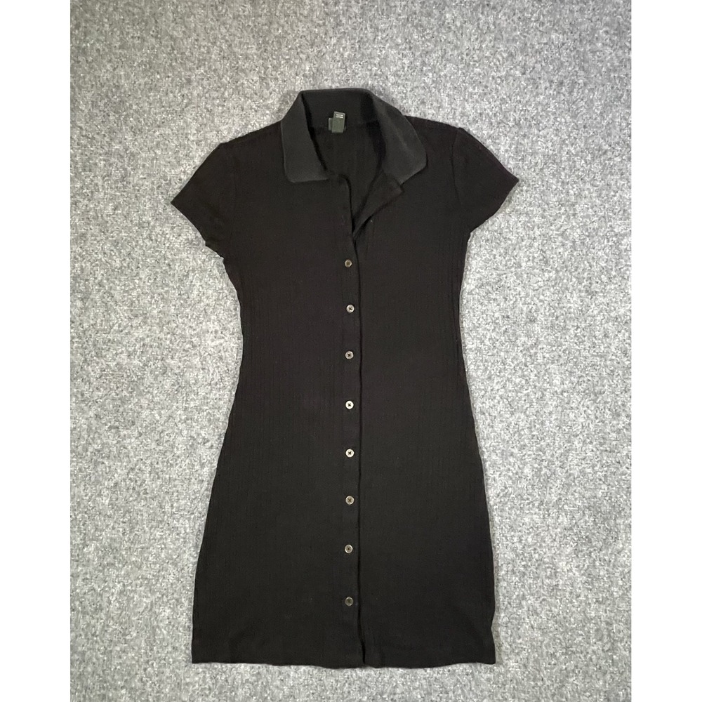 Wild Fable Button Down Polo Dress Size XSmall Black Ribbed Mini BodyCon Tennis